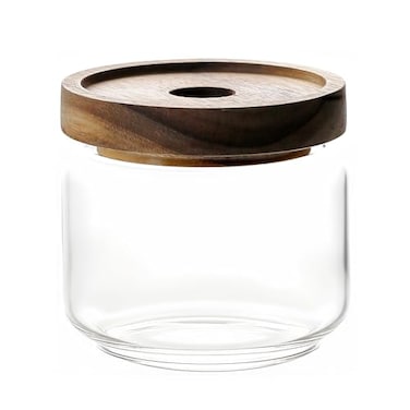 MOLADRI 300ML10Oz Clear Cute Glass Storage Canister Holder with Stackable Airtight Wood Lid Modern Decorative Small Container Jar for Coffee Spice Candy Salt Cookie Condiment Pepper Sugar
