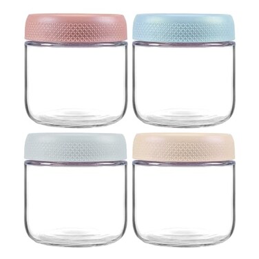 MOLADRI 4 Pack Glass Clear Storage Canister with Airtight Lid 12oz Overnight Oats Containers Small Cute Decorative Pantry Jar for Snacks Yogurt Cereal Fruit Salad Spice Sugar Coffee Tea