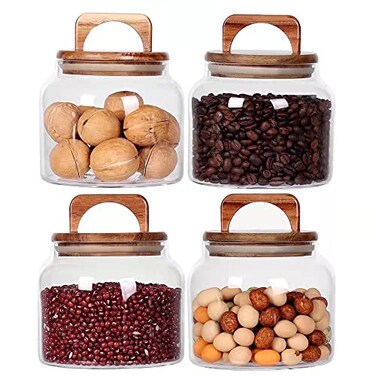 SAIOOL Glass Jars with Airtight Lid Set of 4Kitchen Canisters Borosilicate Storage ContainersRetro Design jars for CandyCookieRiceSugarFlour FlourPastaNuts and Spice Jars