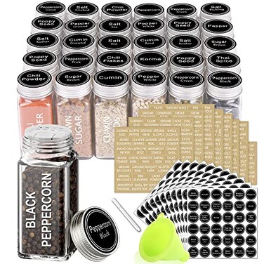 SWOMMOLY 30 Glass Spice Jars 4ozSquare Spice Bottles with 703 Spice Labels Empty Spice Containers with Poursift Shaker Lid Airtight Cap Chalk Marker and Funnel Complete Set