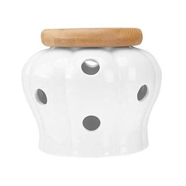 UPKOCH Ceramic Garlic Keeper with Bamboo Lid and 12 Air Vents Porcelain Storage Jar for Fresh Garlic Ginger Onion Kitchen Countertop Organizer 511X511X433In