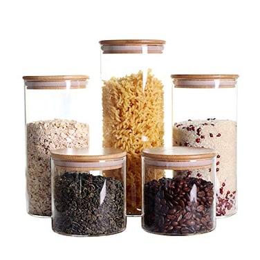 LEAVES AND TREES Y Stackable Kitchen Canisters Set Pack of 5 Clear Glass Food Storage Jars Containers with Airtight Bamboo Lid for Candy Cookie Rice Sugar Flour Pasta Nuts