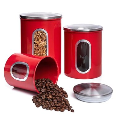 Mixpresso 3Piece Red Canisters Sets For The Kitchen Airtight Canister Set With See Through Window Storage Jars for Coffee Container Tea Organizer Sugar Canister Red Kitchen Canisters