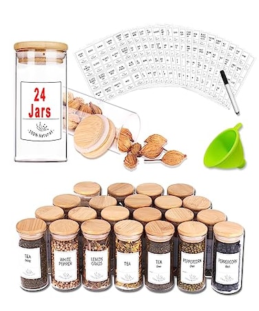 Churboro 24 Glass Spice Jars with Bamboo Airtight Lids 400 Spice Labels Funnel and Chalk Marker Set Spice Containers 4 OZ Glass Storage Jars