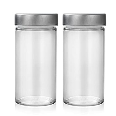 Tianifa 2 Pcs Glass Spice JarsBottles 3oz Empty Round Spice Containers with Airtight Metal Caps with Shaker Lids 2 clear