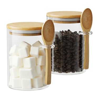 OneDream Glass Sugar Container with Spoon 2 Pack 15oz Glass Jars with Bamboo Lid and Spoon Bamboo Lid Storage Jar Canister for Coffee Beans Spice Brown Sugar Tea Flour Nuts Candy Salts and More