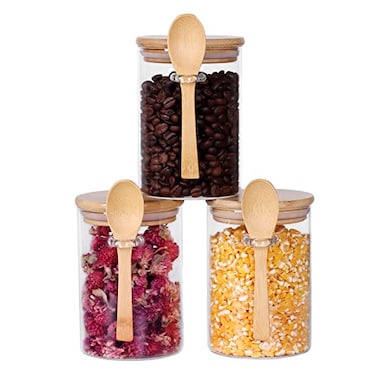 LEAVES AND Glass Jar with Bamboo Lid and Spoon 3 Pack 16 OZ Tea Containers for Loose Leaf Tea Salt and Sugar Containers for Countertop Yogurt Jars for Overnight Oatmeal