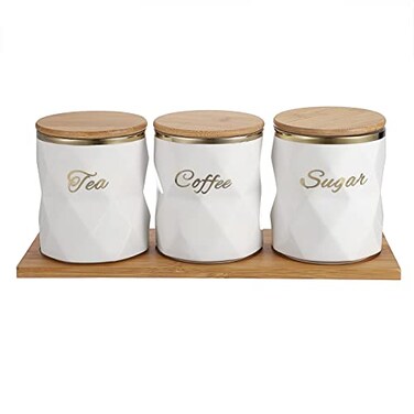 JUXYES Set of 3 Ceramic Canisters Set for Sugar Coffee Tea Luxurious Storage Containers Set with Lids Decorative Storage Pots White Ceramic Storage Jar for Kitchen Counter Dining Room