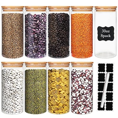 DHSBTLS Glass Food Storage Containers Jars with Airtight Bamboo Lid 30 oz 8 pcs 890 ml Pantry Organization Jar Glass Terrarium with Lid Spice Flour and Sugar Container Canister Set for Kitchen Counter