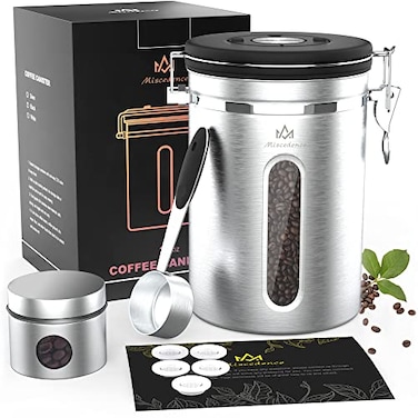 Miscedence Coffee canister for ground coffee with Transparent WindowDate TrackerCO2 Valve 304 Stainless Steel Kitchen Food Airtight storage container for Coffee Beans or Grounds Tea SugarSilver 22OZ