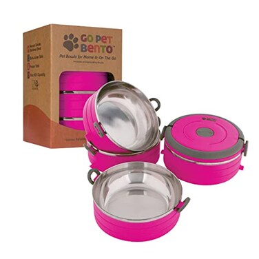 Healthy Human Travel Pet Bento Bowls HumanGrade Stainless Steel BPAFree LeakProof Water Food Container Set for Dogs Cats 4Pack Interlocking Bowls Includes Spare Clips Handle Pink