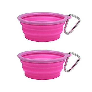 Prima Pets Prima Pet Collapsible Silicone Water Travel Bowl with Clip for Dog and Cat Portable and Durable Popup Feeder for Convenient Onthego Feeding Size Small 15 Cups Pink 2 Pack