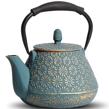 MILVBUSISS Cast Iron Teapot 32oz Japanese Sakura Blossom Pattern Tea Kettle Stovetop Safe Infuser for Loose Leaf Coffee Silicone Handle Enamel Interior 950ml Blue