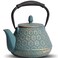 MILVBUSISS Cast Iron Teapot 32oz Japanese Sakura Blossom Pattern Tea Kettle Stovetop Safe Infuser for Loose Leaf Coffee Silicone Handle Enamel Interior 950ml Blue