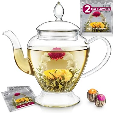 Teabloom Le Bouquet Glass Teapot with Two Gourmet Blooming Tea Flowers 34 Oz 1 L Capacity Up to 4 Cups of Tea