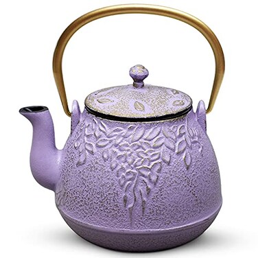 toptier Tea Kettle TOPTIER Japanese Cast Iron Teapot with Stainless Steel Infuser Cast Iron Tea Kettle Stovetop Safe Leaf Design Teapot Coated with Enameled Interior for 40 Ounce 1200 ml Purple