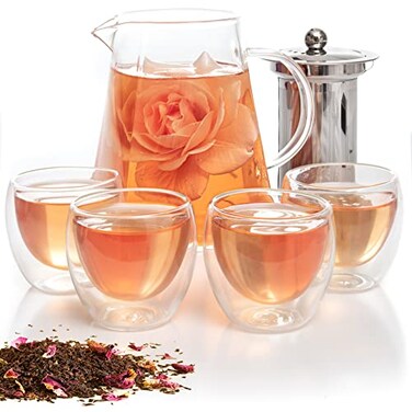 Mixpresso 5 Piece Glass Tea Pot Set Kettle with Removable Infuser Clear Glass Teapot 33oz With 4 Double Wall Cups 27oz Stovetop Safe Teapot For Loose Leaf Tea Perfct As Tea Gift Sets