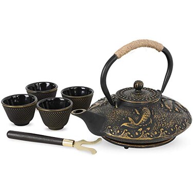 Ufine Koi Fish Cast Iron Teapot Set Stove Top Tea Kettle with 4 Cups Japanese Style Tetsubin Tea Gift Set 26 oz with Stainless Steel Infuser