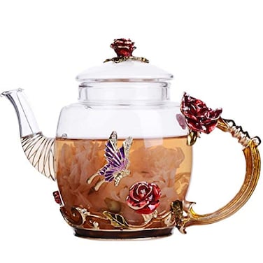 XUDREZ Glass Blooming Tea Teapot for Women Red Rose Floral with Gold 1015oz300ml