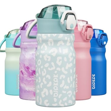 BJPKPK Water Bottle with Straw 14oz Insulated Water Bottles Reusable Stainless Steel Metal Thermal Flask with Leak Proof Lockable Lid and Carry HandleLight Blue Leopard