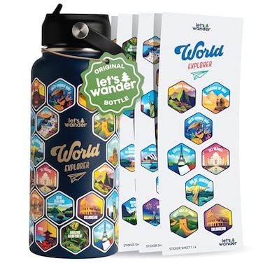 LET'S WANDER LETS WANDER World Explorer Adventure Water Bottle with 50 Waterproof Stickers 32oz Leakproof Insulated Stainless Steel with Straw Travel Goal Gift Bottle Blue
