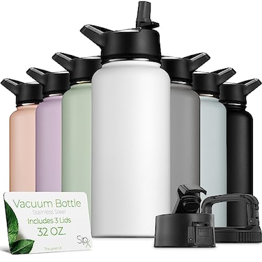 SIPX SipX 32 oz Insulated Water Bottle with 3 Lids Leakproof Stainless Steel Triple Insulated Cold 24 HoursHot 12 Hours Durable Bottle for School Gym Travel White