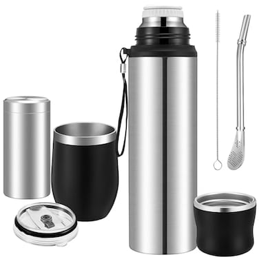 Suclain 3 Pcs Complete Yerba Mate Kit 12 oz Yerba Mate Gourd and Bombilla Set 34 oz Stainless Steel Thermal Water Bottle with Tea Can Straw BrushSilver
