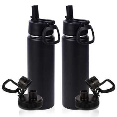 Volhoply 20oz Insulated Stainless Steel Water Bottle With Straw Lid Bulk 2 PackKids Double Wall Vacuum Cups With HandleReusable Outdoor Sports Metal BottlesTravel Flask Keep ColdHotBlack2