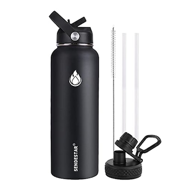 SENDESTAR Stainless Steel Water Bottle Insulated Water Bottle 40 oz with New Straw Lid or Spout Lid Keeps Liquids Hot or Cold with Double Wall Vacuum Insulated Bottle Black