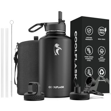 Coolflask 64 oz Water Bottle Insulated with Straw 3 Lids Large Metal Stainless Steel Water Jug Big Half Gallon Wide Mouth for Sports Gym or Office NonBPA Keep Cold 48H Hot 24H Magic Black