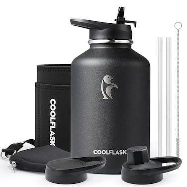 Coolflask 64 oz Insulated Water Bottle with Strap Sleeve Half Gallon Water Jug 3 Lids Stainless Steel Multifunctional Flask BPAFree Keep 48H Cold 24H Hot Compact YogaGym Bottle Black