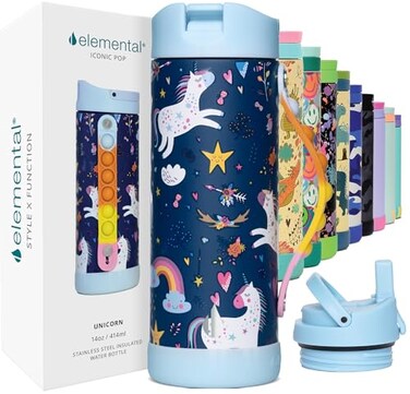 Elemental Iconic Kids Water Bottle for School 100 LeakProof Insulated Water Bottles with Straw Lid PopIt Handle for Boys Girls TripleWall Insulated BPAFree 14oz Unicorn