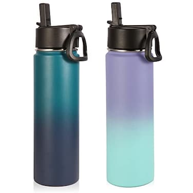 Volhoply Insulated Water Bottles with Straw Bulk 2 Pack 22 oz Stainless Steel Sports Bottle with Handle LidDouble Walled Metal Water Cups with Wide MouthReusable Cold Water FlaskAssorted2 Set