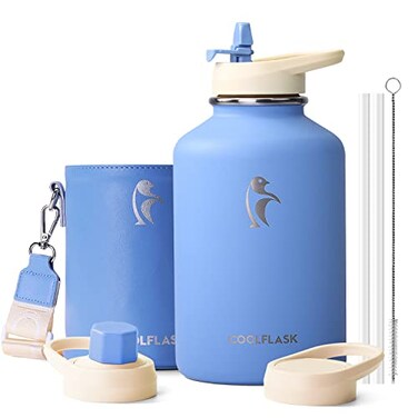 Coolflask 64 oz Water Bottle Insulated with PU Leather Sleeve Half Gallon Water Bottle Color Contrast with Straw Lids Stainless Steel Metal Large Water Jug Keep Cold 48h Hot 24hSky Blue