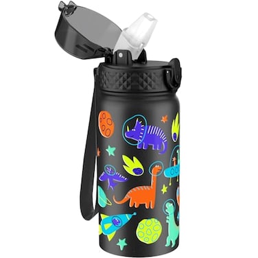 GOPPUS Kids Water Bottle Straw Lid 14 Oz Stainless Steel Travel Bottle Double Wall Vacuum Leak Proof Kids Cup for School Boys GirlsSpace dinosaur