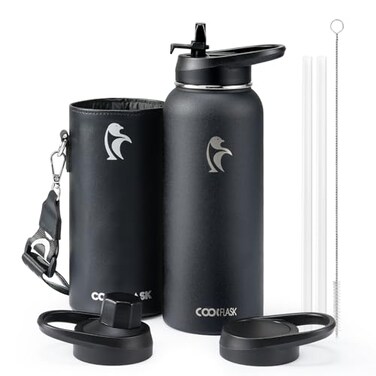 Coolflask 40 oz Water Bottle Insulated with PU Leather Sleeve Water Bottle Stainless Steel Metal with Straw Lid and Spout Lid Double Vacuum Keep Cold 48h Hot 24h Water Flask Polar Black