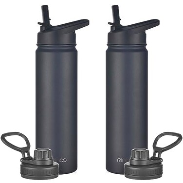 mininoo 24 oz Insulated Water Bottle with Straw Lid Stainless Steel Double Wall Vacuum Leak Proof BPA Free Keep Cold for 24H Hot for 12H2 packBlack