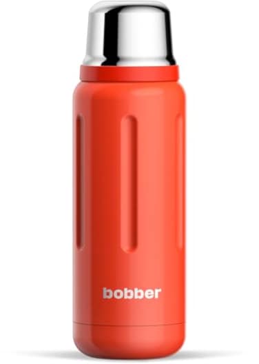 BOBBER 26 oz Stainless Steel Heavy Duty Thermo Flask for Hot and Cold Drinks Dishwasher Safe Insulated Water Bottle with Cup Lid Keeps Hot for 36 Hours LeakProof Rugged Thermo Bottle Red