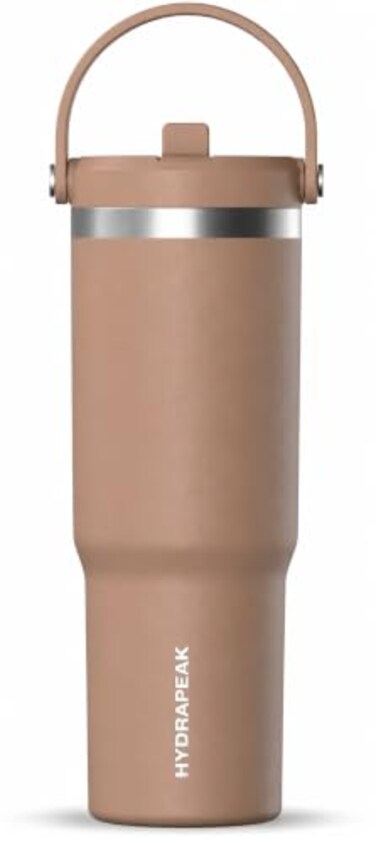 Hydrapeak Nomad 32oz Insulated Stainless Steel Travel Tumbler with Handle Straw Lid Leakproof Cupholder Friendly Keeps Drinks Cold 24 Hours Reusable Bottle for Daily Hydration Almond
