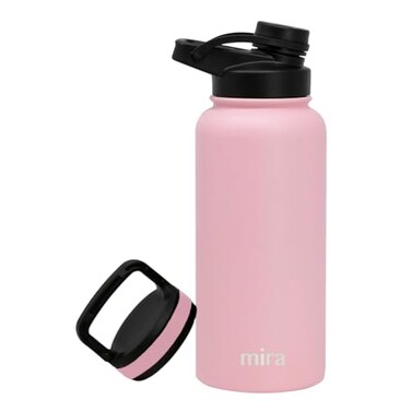 MIRA 32 oz Insulated Sports Bottle Stainless Steel Temperature Control Thermo EasyDrink Spout 24Hr Cold12Hr Hot Taffy Pink