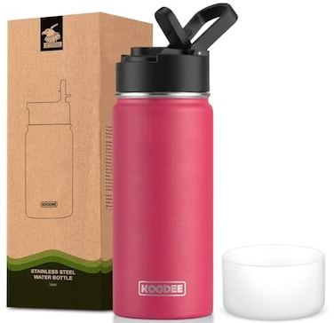 koodee 16 oz Water Bottle Stainless Steel Double Wall Vacuum Insulated Water Bottle for School Wide Mouth Water Flask with Straw Canyon Red