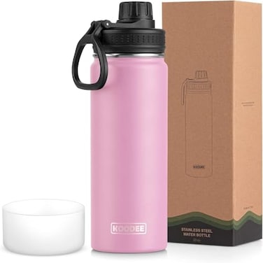 koodee Insulated Water Bottle 22 oz Stainless Steel Double Wall Vacuum Wide Mouth Sport Bottle with Leakproof Spout Lid Pink