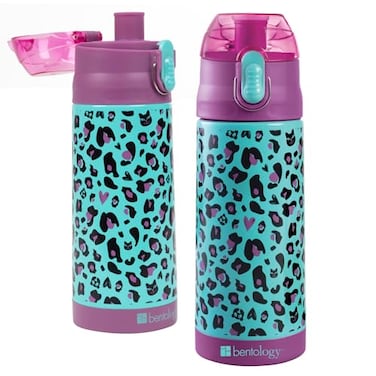 Bentology Stainless Steel 13 oz Reusable Water Bottle for Kids Cheetah Double Wall Insulated Spill Proof Lid wBuiltin Straw Keep Liquids Hot or Cold For Hours Fits in Lunch Boxes Bags