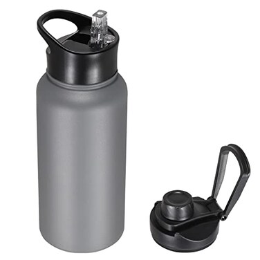 VQRRCKI 32 oz Insulated Water Bottle with Straw Lid Wide Mouth Lids Stainless Steel Sports Water Bottles Double Walled Vacuum Leak Proof Gray
