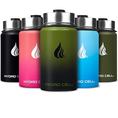 HYDRO CELL Stainless Steel Insulated Water Bottle with Straw For Cold Hot Drinks Metal Vacuum Flask with Screw Cap and Modern Leakproof Sport Thermos for Adults ArmyBlack 14oz