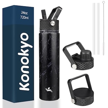 Konokyo Insulated Water Bottle 24oz Stainless Steel Sport Bottles with 3 LidsMarble Midnight