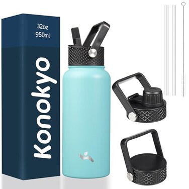 Konokyo 32 oz Insulated Water Bottle Stainless Steel Sport Bottles with 3 LidsTurquoise