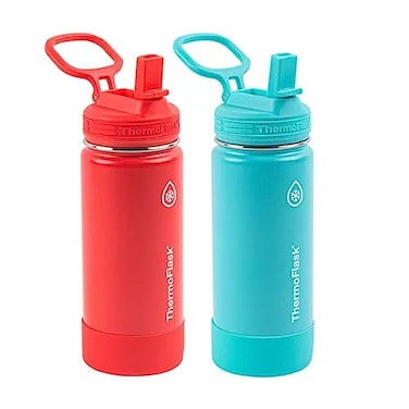 ThermoFlask 16oz Stainless Steel Water Bottle 2Pack Red and Aquamarine