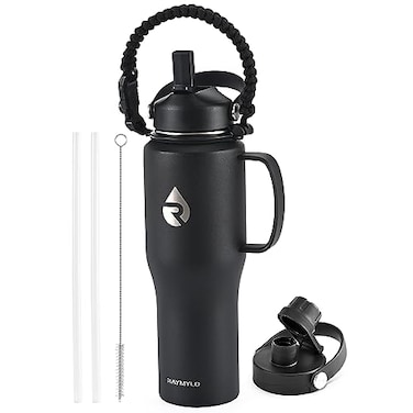 RAYMYLO 32oz Stainless Steel Water Bottle Cold for 48 Hrs Hot for 24 Hrs Triple Wall Vacuum Insulated Water Bottle with Straw Lid Spout Lid and Paracord Handle Leakproof Fit in Any Car Cup