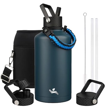 Konokyo Insulated Water Bottle with Straw87 oz 3 Lids Water Jug with Carrying BagParacord HandleDouble Wall Vacuum Stainless Steel Metal FlaskNavy Blue
